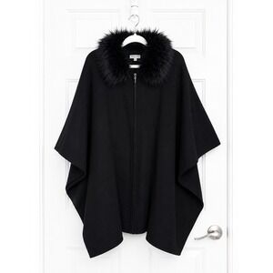Max Studio Black Zip Front Poncho Detachable Faux Fur Collar M